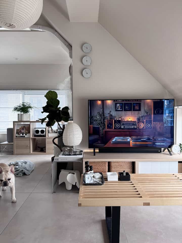 白とナチュラルカラーのリビング、 大型テレビと木製テーブル、ペットの犬がいる温かみのあるインテリア