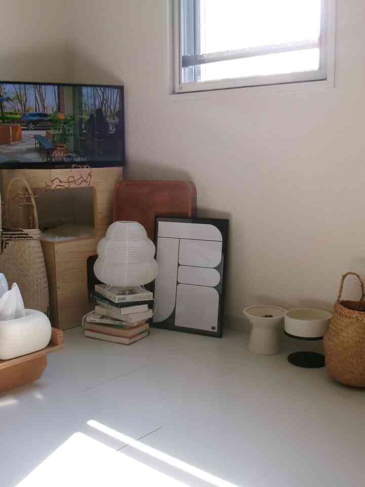 白い床とナチュラルなウッドトーンの小物が調和するワンルーム、猫の餌入れとスタンドライトが配置された落ち着いた雰囲気のインテリア