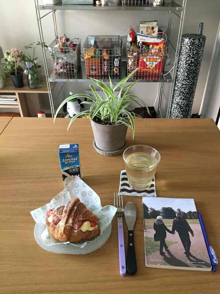 ベージュ色のダイニングテーブルが中心の狭い部屋、植物とスナック収納棚が調和した雰囲気のあるインテリア