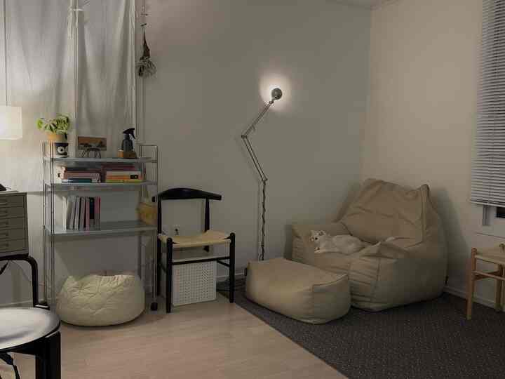 白とベージュの色調の書斎、ビーズクッションソファと棚、白い猫がくつろぎの雰囲気を演出する印象的な空間