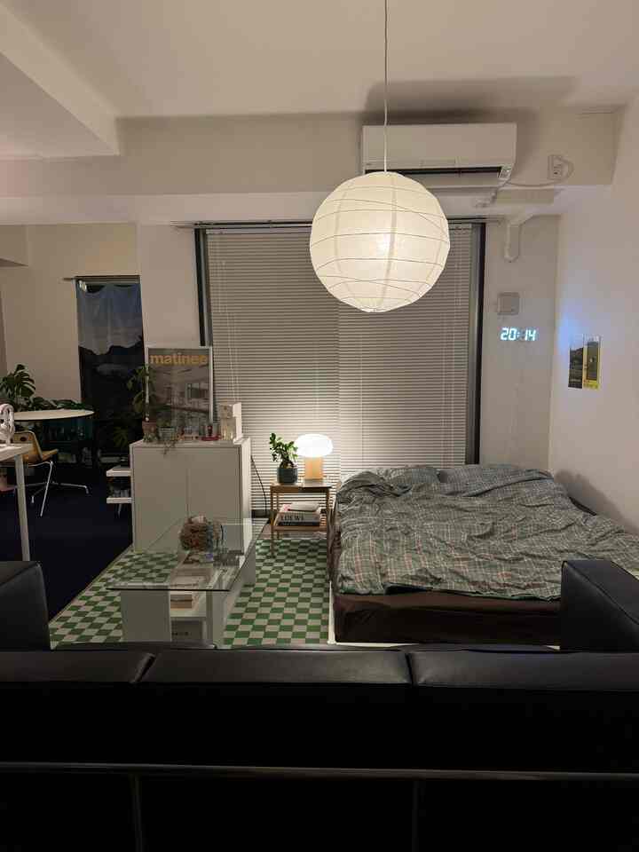 White and green toned studio bedroom featuring bed, sofa, and pendant light with cozy ambiance