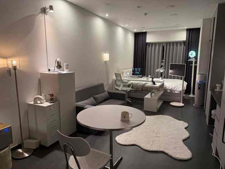 ホワイトとグレーのトーンのワンルーム、机とベッド、ラグが配置されたモダンな雰囲気のインテリア