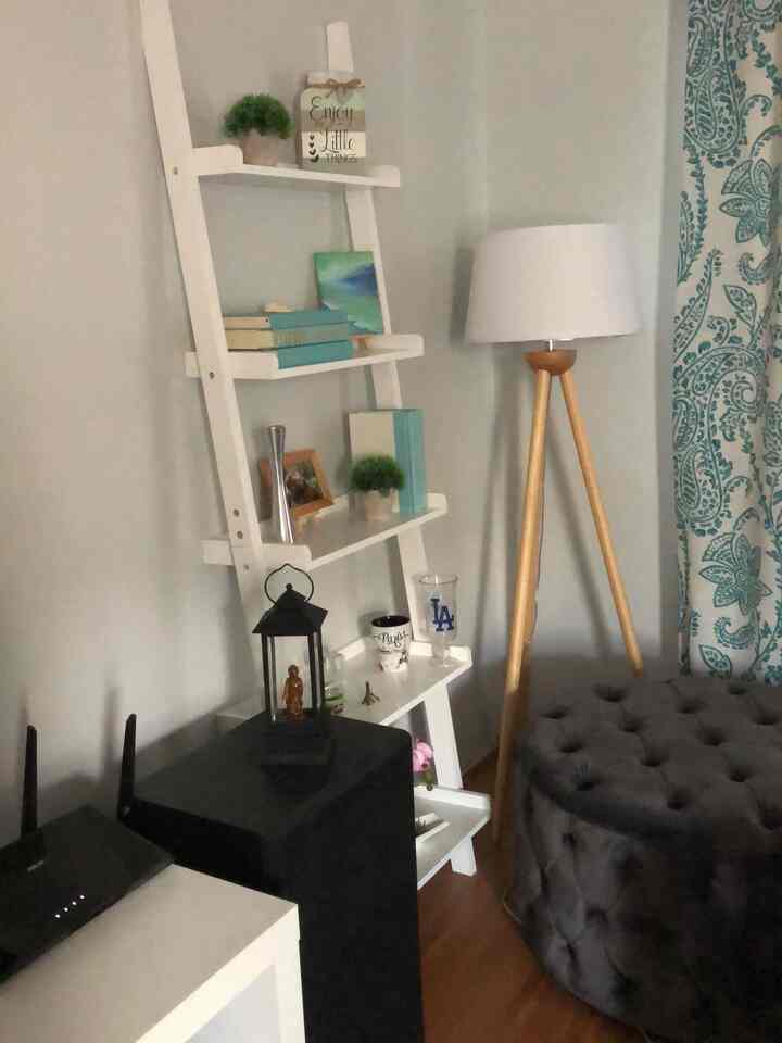 Stylish and functional: my white ladder shelf is the perfect way to stay organized! 🌿✨ #HomeDecor #OrganizationGoals