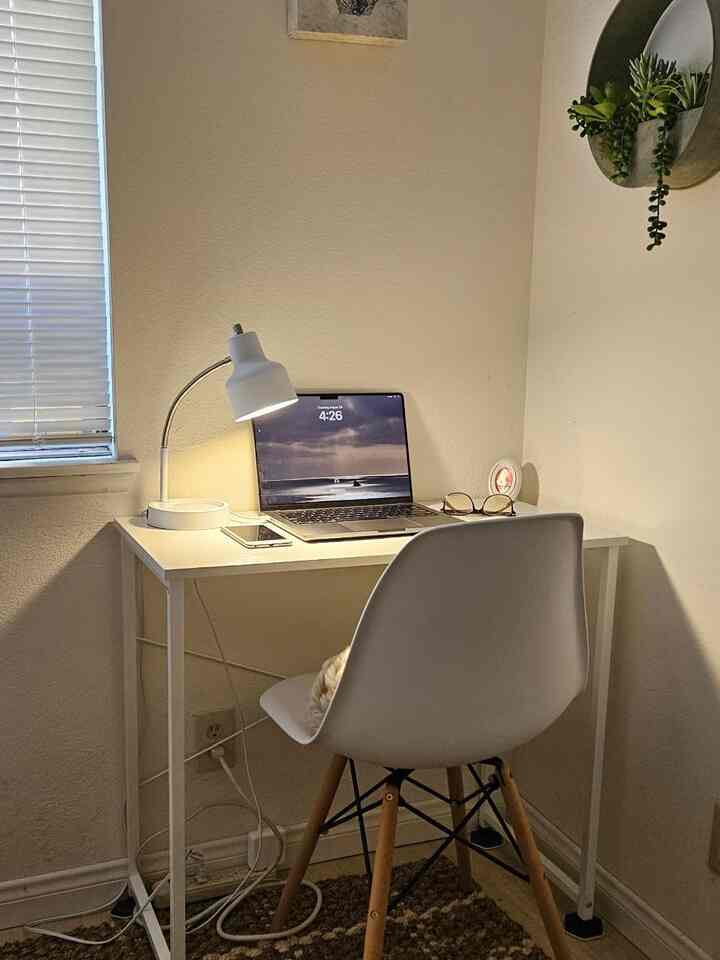 Embracing minimalist decor with my sleek white desk! Less is definitely more. ✨🤍 #MinimalistDesign #WorkspaceGoals