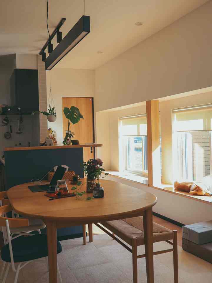 Cozy dining room in warm wood tones and natural style, featuring a dining table doubling as a home office and a cat resting by the sunny windowsill.
