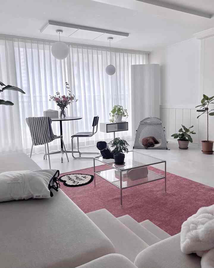Bright white tone living room featuring a large pink rug, modular glass table, and a pet house with a resting dog in a modern setting