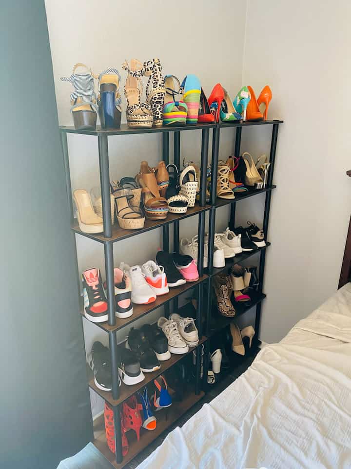 Obsessed with my modern shoe rack! It’s the perfect way to keep my precious space organized and stylish! 👟✨ #ShoeStorage #HomeOrganization