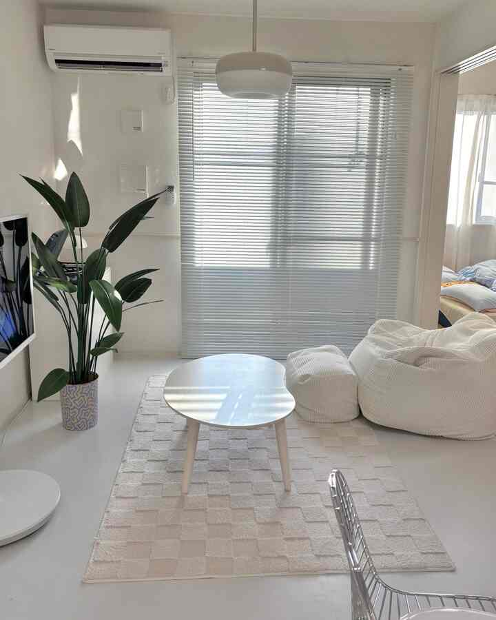 白を基調としたコンパクトなリビング、中央に白いコーヒーテーブルとクッション付きのビーズクッションソファ、緑の植物が配置された清潔感のあるインテリア