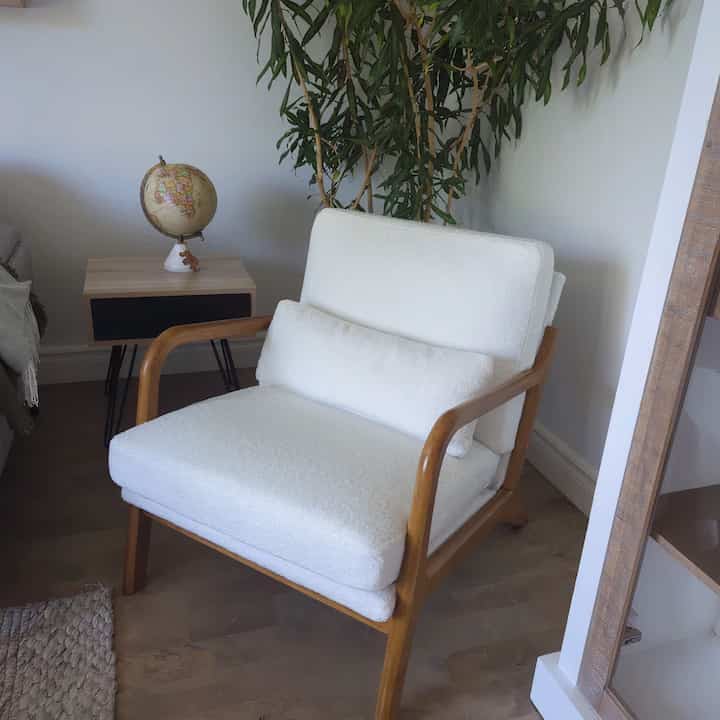 Embracing comfort and style with my stunning white boucle lounge chair! Perfect for cozying up in any space. 🤍✨ #BoucleChair #HomeDecor