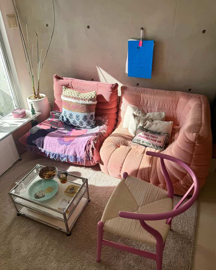 Pink sofa and natural light in living room, cozy and natural atmosphere in a compact space