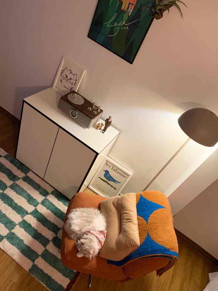 暖かいナチュラルトーンのリビング、オレンジのアームチェアに寝ている猫とフロアランプが配置された雰囲気のある空間