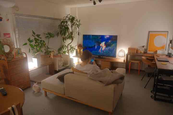 Natural-toned living room featuring a wooden frame sofa, plants, and simple decor with warm ambiance