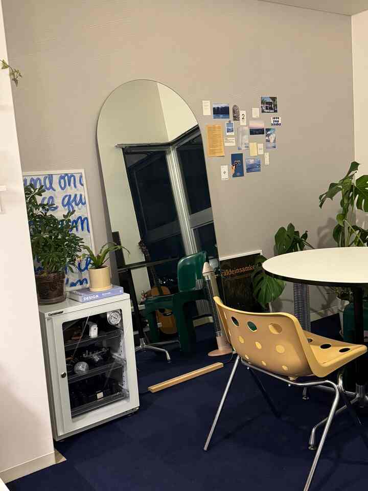 Studio apartment with white walls and deep blue carpet, featuring a round table, chairs, large arched mirror, and indoor plants for a neat look
