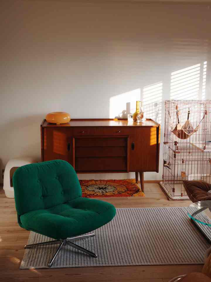 Natural-toned living room featuring a green armchair and wooden sideboard in a cozy atmosphere