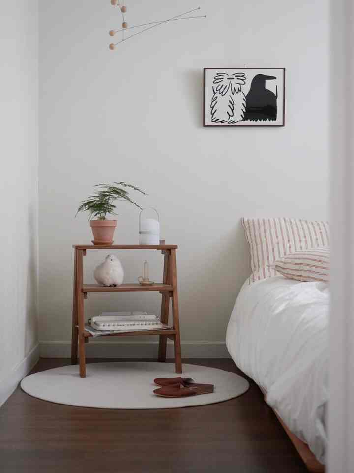 White and wood tone kids' bedroom featuring a simple, natural decor with a bed, poster, plant, and rug