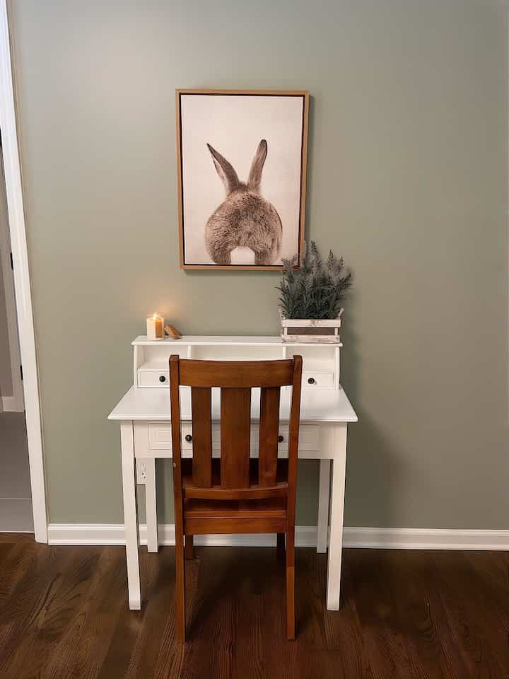 Working in style at my white writing desk paired with a cozy wooden chair! Perfect for creativity and productivity. ✨🖊️ #HomeOffice #WorkspaceGoals