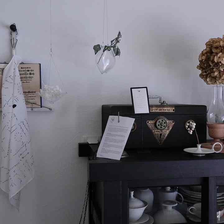 モノトーンの色調でヴィンテージ風のコーナー、黒いキャビネットと額縁、花瓶が配置された印象的な空間