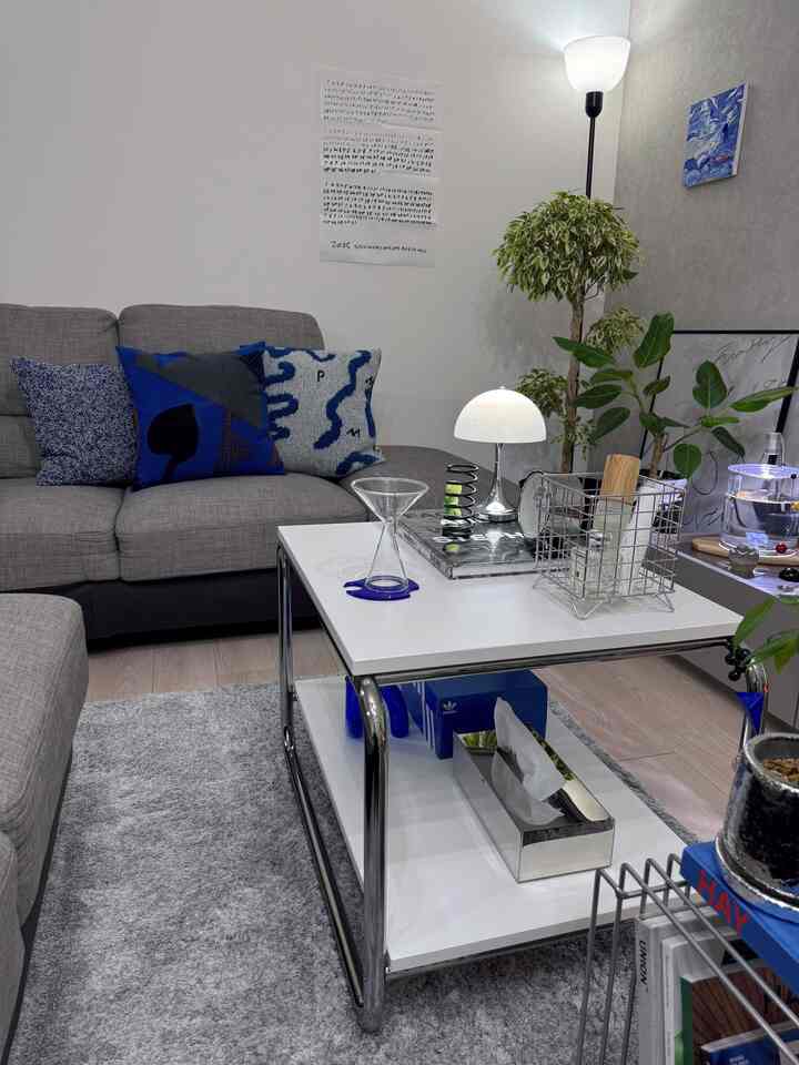 Natural modern living room with gray sofa and white coffee table, featuring blue cushions and green plants creating a cozy atmosphere