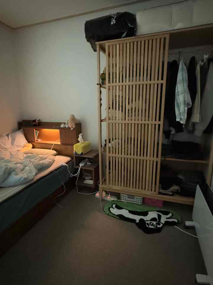 温かみのあるウッドトーンとブラウンの小さな寝室、木製の格子状ワードローブ、ベッド、かわいい犬の形のラグがある居心地の良い空間