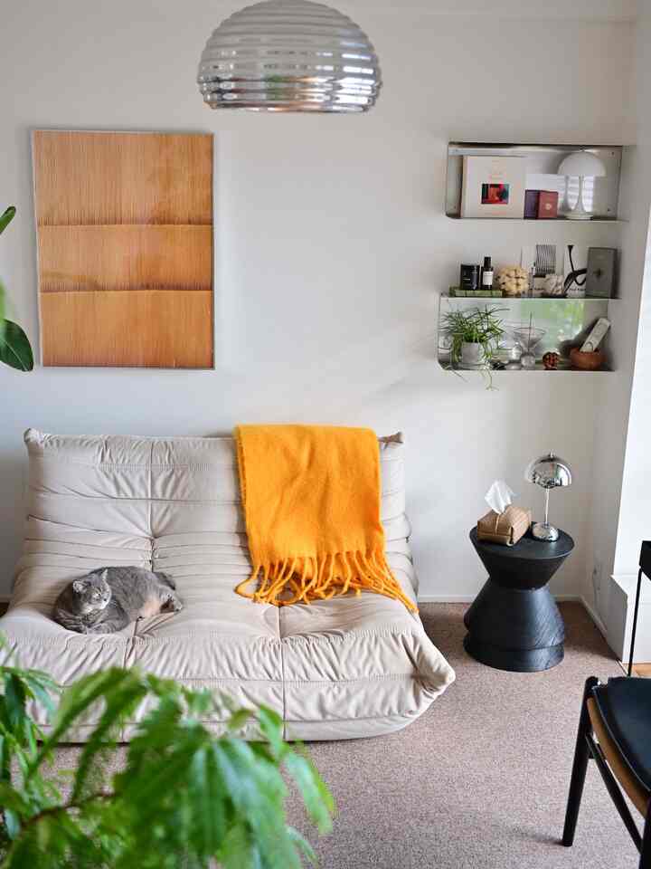 Beige sofa with an orange throw in a living room, a gray cat lounging on the sofa creating a cozy atmosphere
