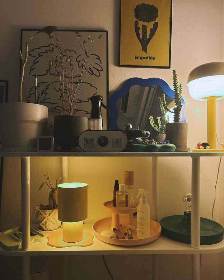 温かい黄色の照明が灯る8畳のワンルーム寝室、植物とディスプレイラックが配置された雰囲気のあるインテリア