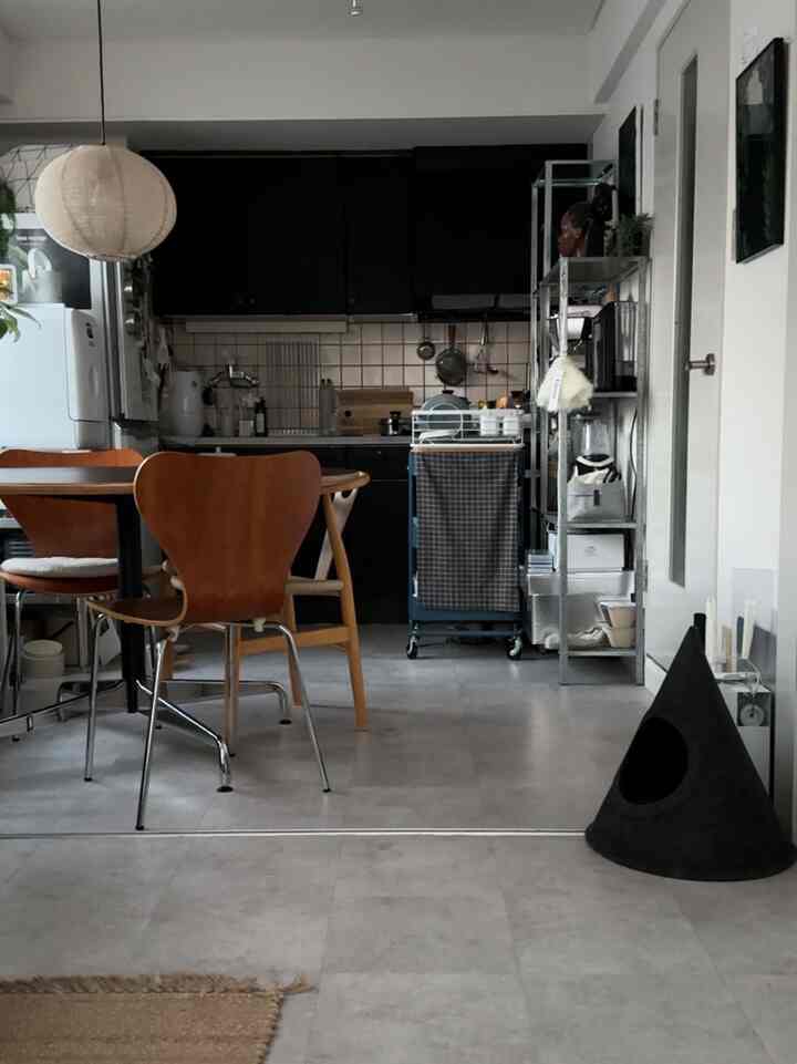 Black and white toned 1LDK dining room featuring wooden chairs, metal shelving, and a cat house in a modern setting