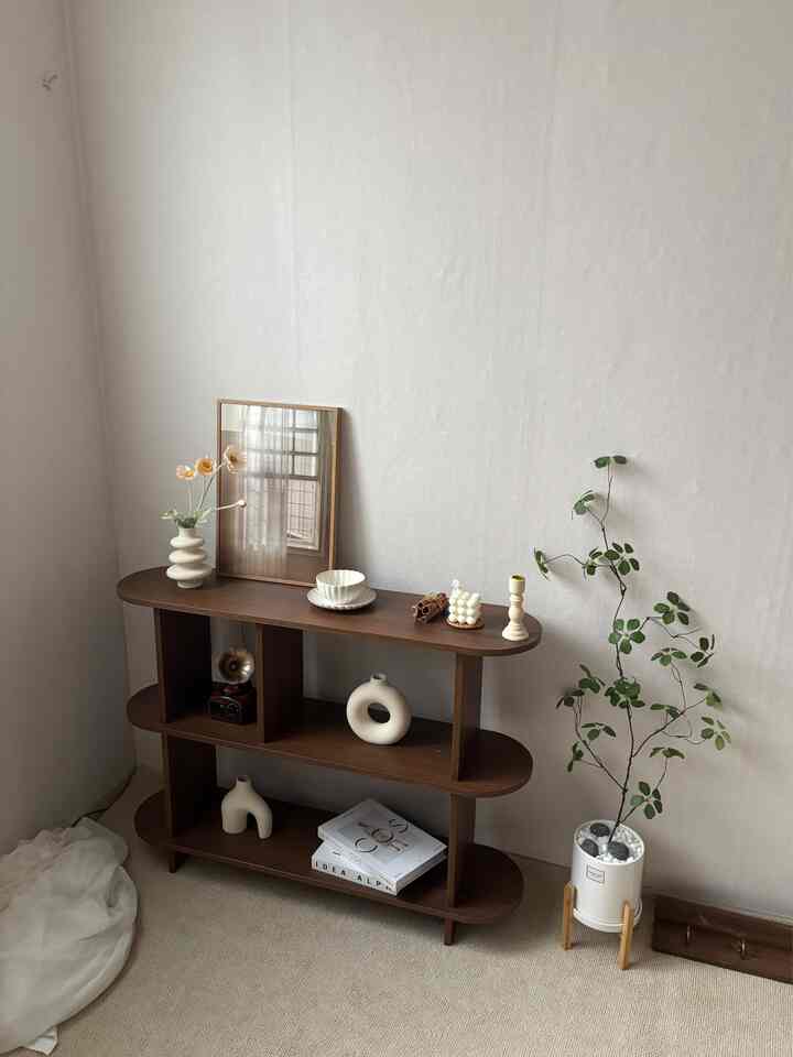 ベージュのカーペットとナチュラルな壁にダークブラウンの棚と観葉植物が配置された落ち着いたリビングの一角