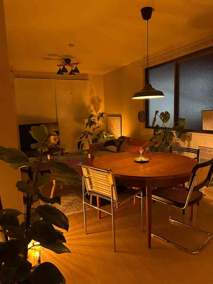 Warm light brown natural-toned living room featuring a round dining table, chairs, and multiple plants creating a cozy atmosphere