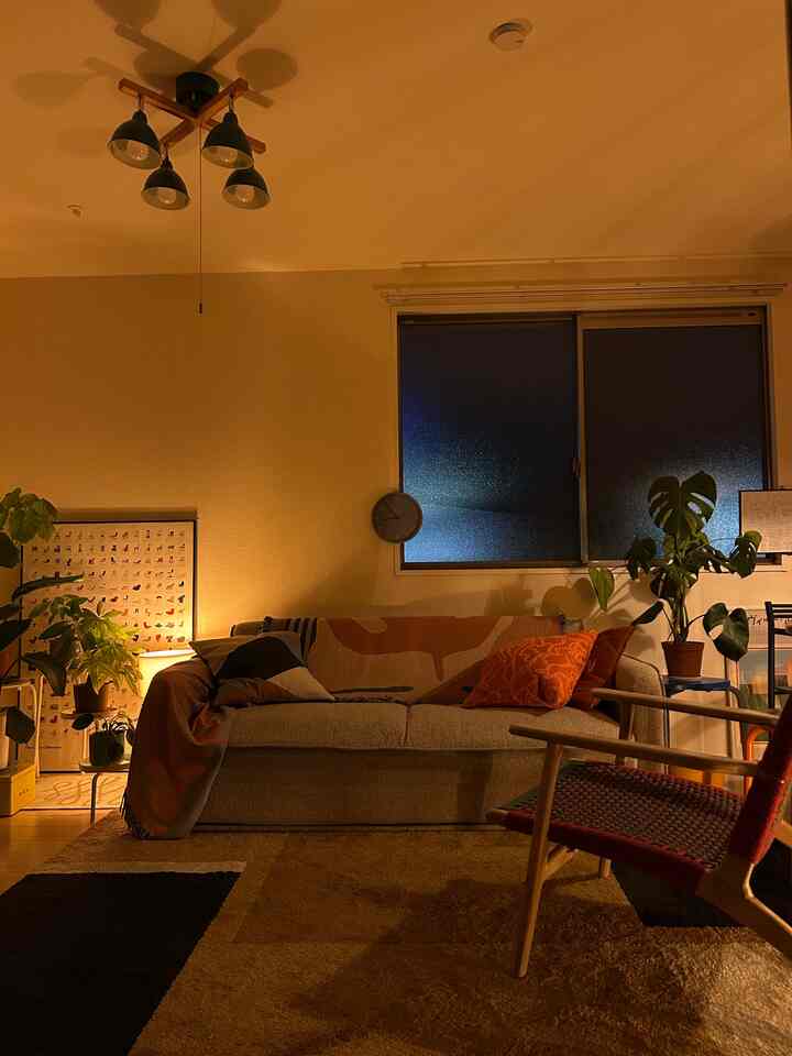Warm beige-toned living room featuring a sofa bed, rug, and plants creating a cozy atmosphere.