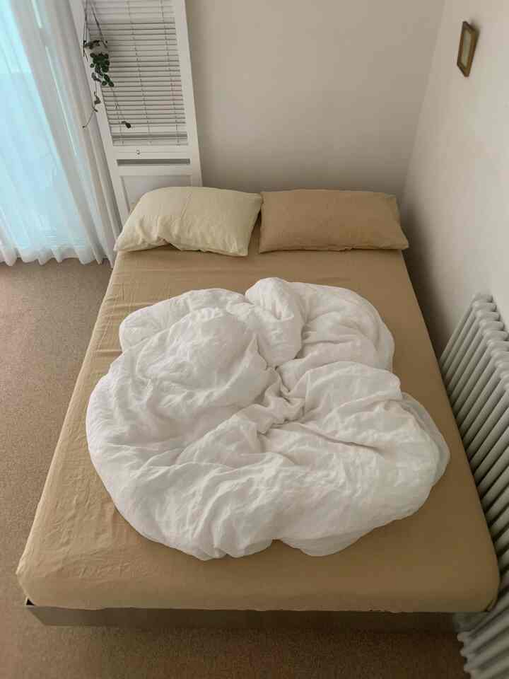 ベージュとホワイトの色調の寝室、中央にベッドと白い布団、枕が配置された自然な雰囲気のインテリア