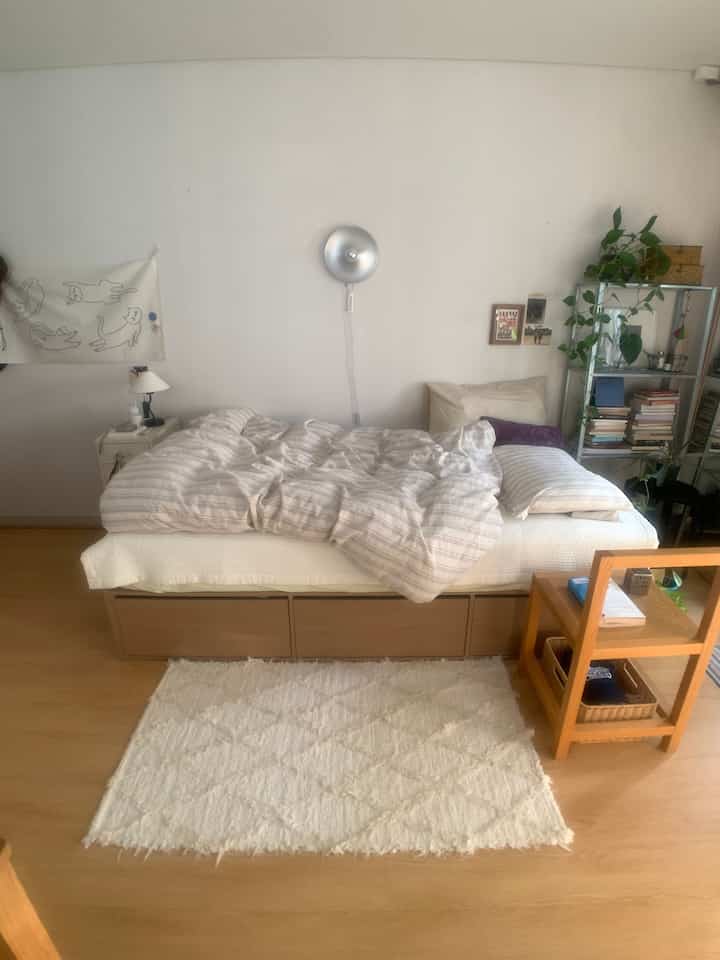 ナチュラルな色調の8坪ワンルーム寝室、収納付きベッドと整頓された棚が配置された落ち着いた空間