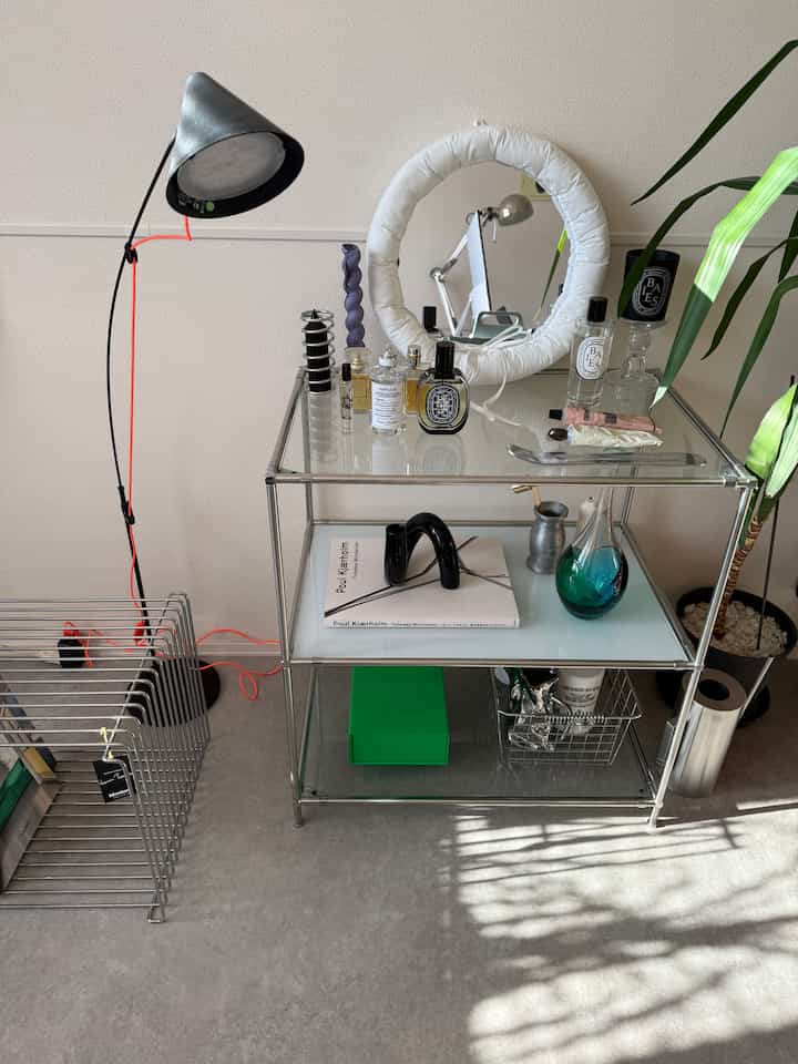 シルバーのメタル棚とグリーンの植物、丸いクッションミラーが配置されたモダンな1LDKの空間