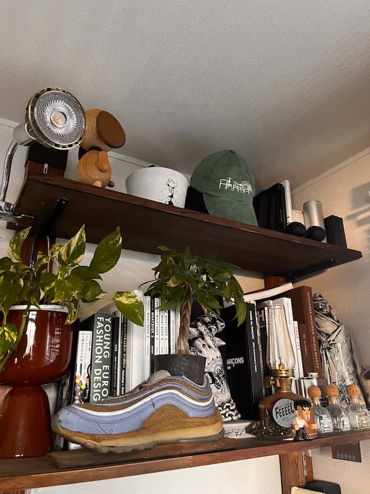 Natural wood tone shelves featuring plants, books, and various decorative objects creating a cozy storage space