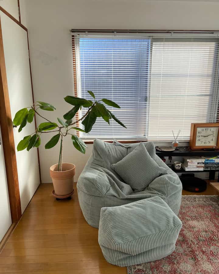 明るい木目調の床と窓を備えた一人暮らしのリビング、緑のビーズクッションソファと大きな鉢植えが落ち着いた雰囲気を作り出している