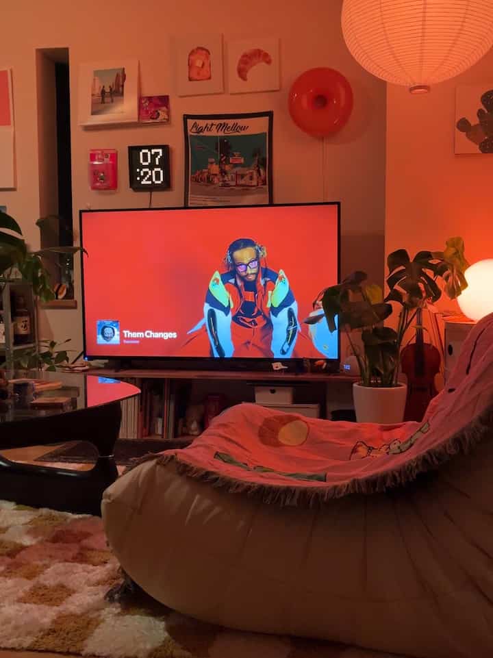 温かみのある赤色調のリビング、テレビと植物が配置された雰囲気のあるホームシネマ空間