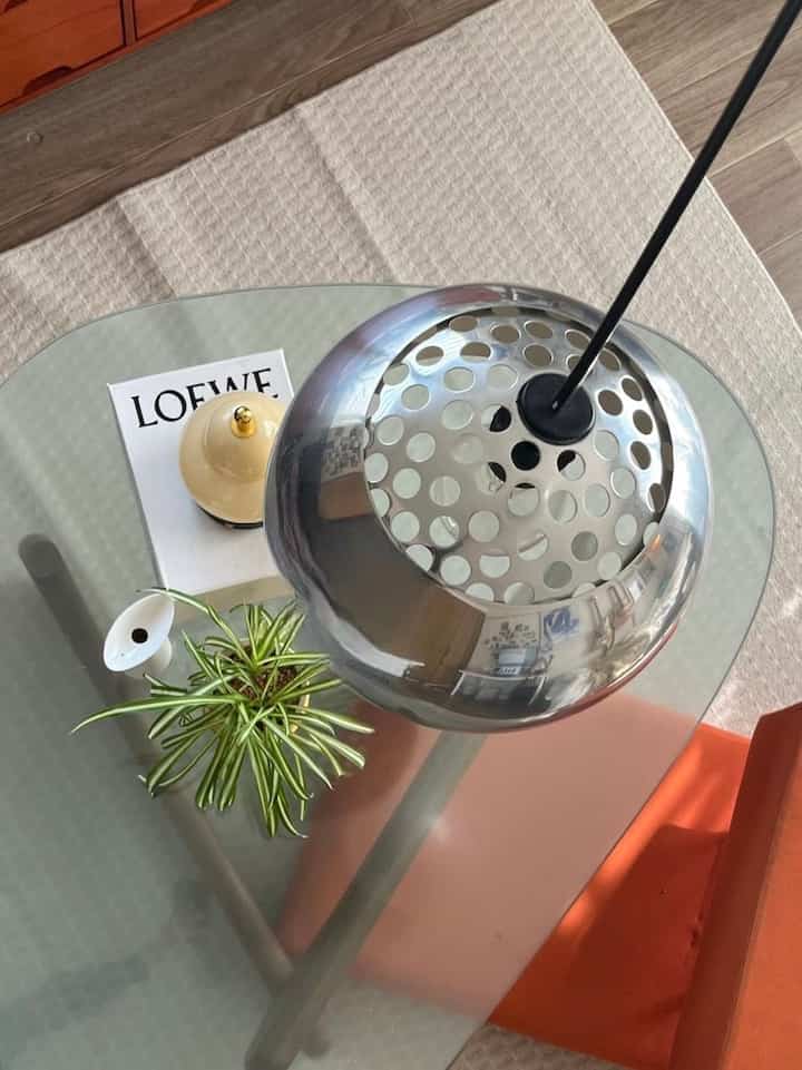 Mid-Century Modern 8-tatami Nordic interior featuring transparent glass table and Arco floor lamp