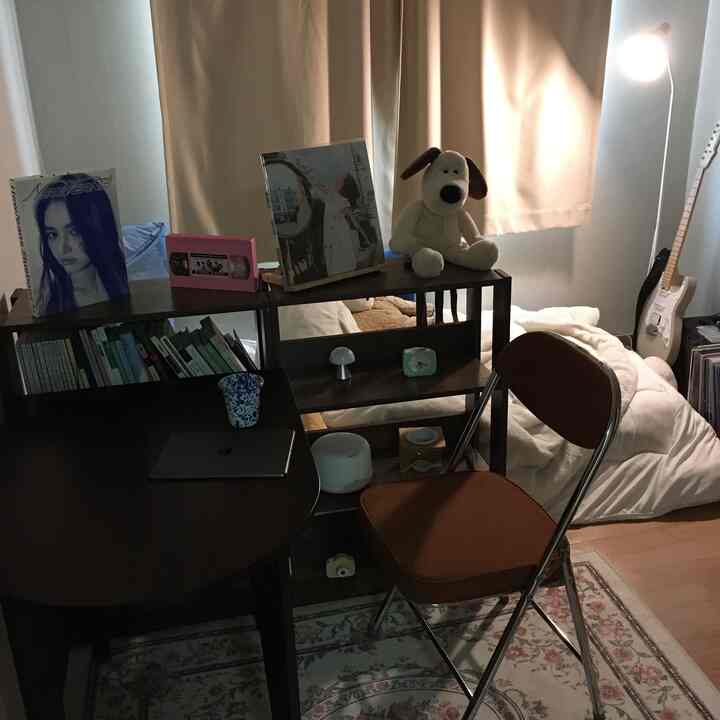 Brown-toned mini two-room bedroom featuring a bed, desk, and bookshelf room divider in a cozy reading setup