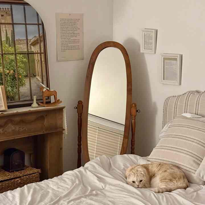 ベージュと木目調の寝室、アーチ型の全身鏡とベッドの上でくつろぐ猫が配置された雰囲気のあるフレンチカントリースタイルの空間