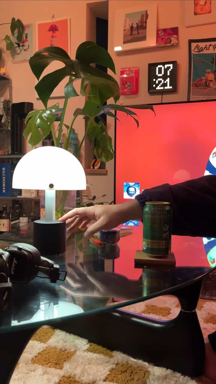 Red and black toned studio apartment living room featuring a central IKEA mushroom table lamp and large monstera plant in a cozy home bar setting