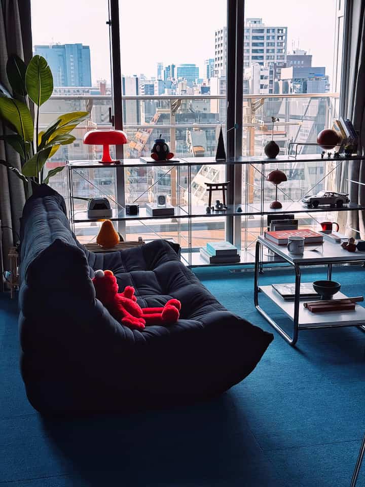 Blue carpeted living room featuring a black sofa, large windows, shelving unit, and coffee table creating a cozy atmosphere.