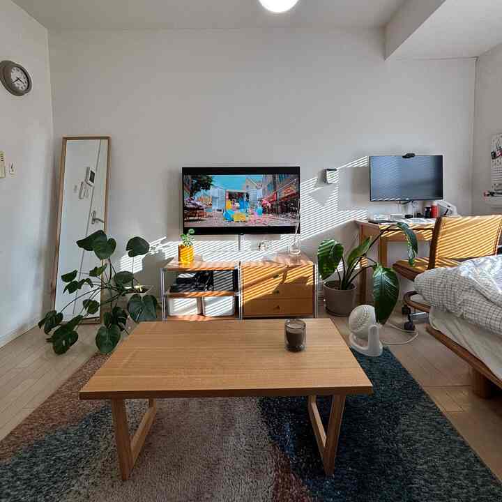 Natural wood tones and green plants in a cozy 7-tatami single household room illuminated by warm sunlight