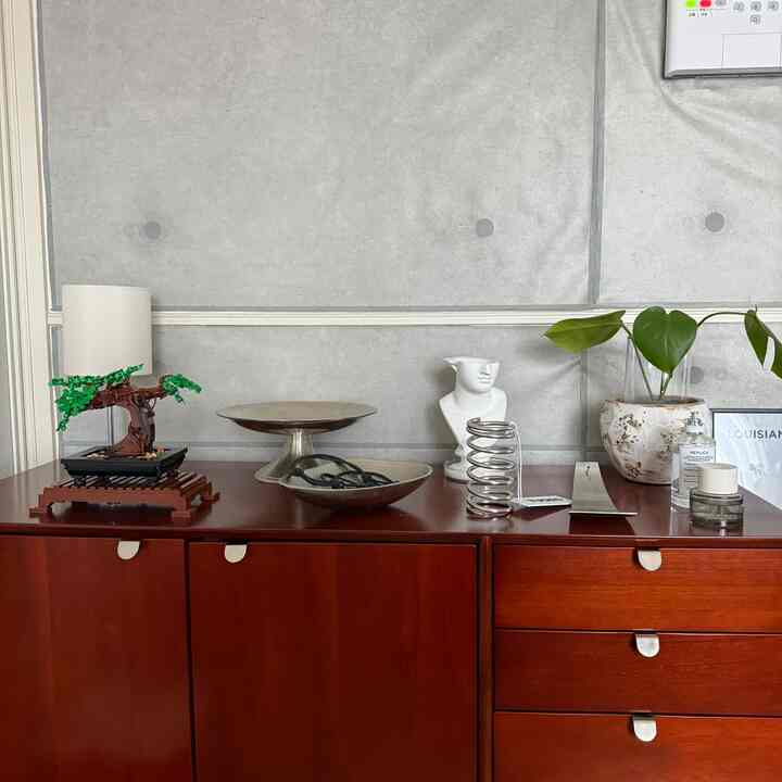 Natural tone space featuring a gray concrete wall and a reddish wood tone storage cabinet with decorative objects