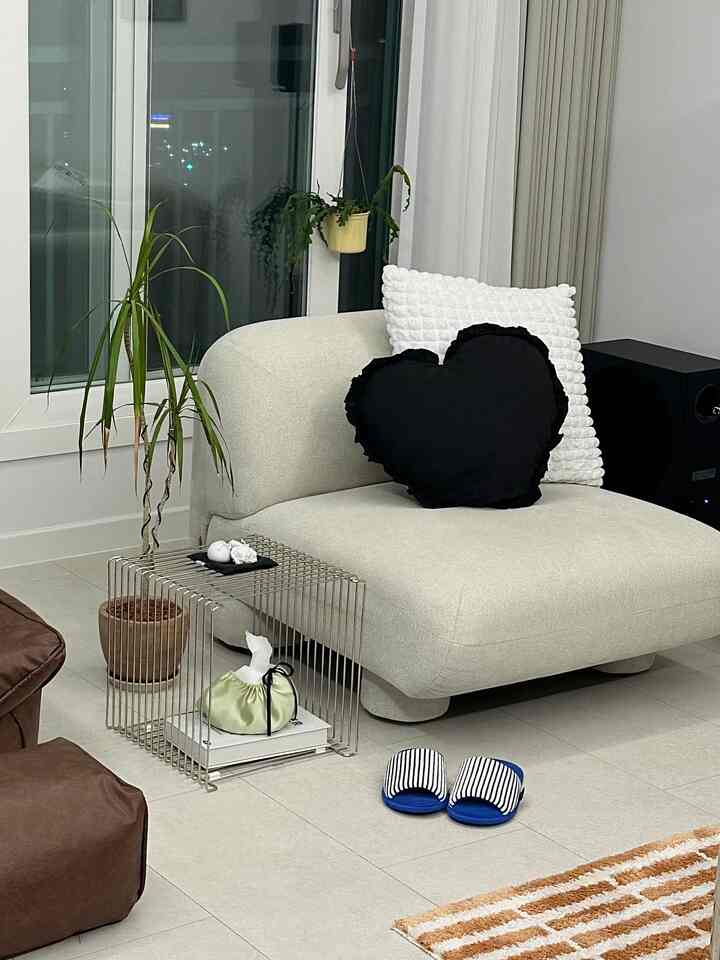 White and natural-toned living room featuring a sofa, side table, cushions, and plants in a simple, neat space