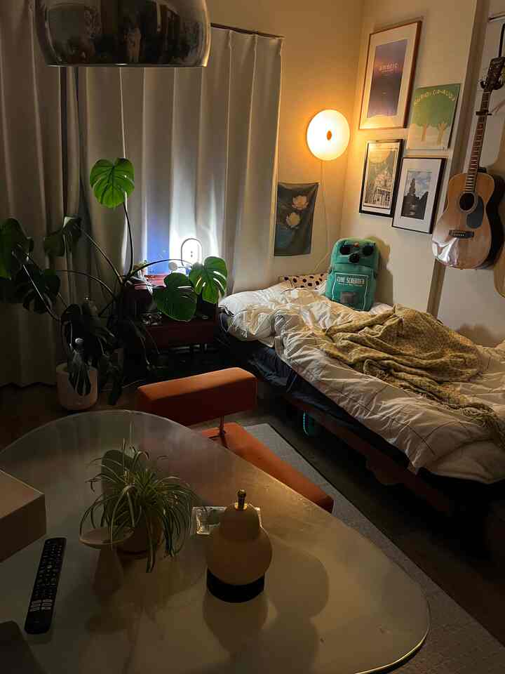 Cozy 8-tatami studio apartment in warm natural colors featuring a bed, indoor plants, and indirect lighting suitable for a single household