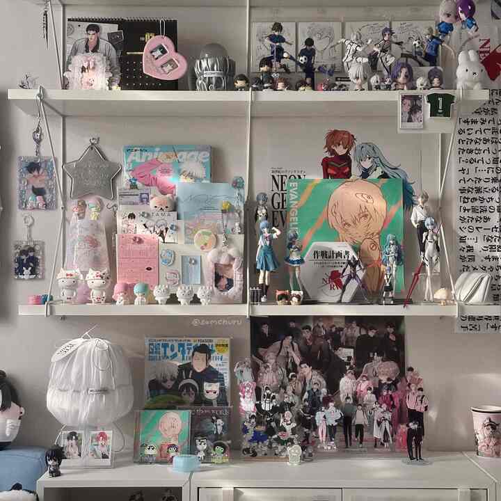 モノトーンとホワイトの色調のオタクゾーン、アニメフィギュアと額縁が整然と配置された印象的な空間