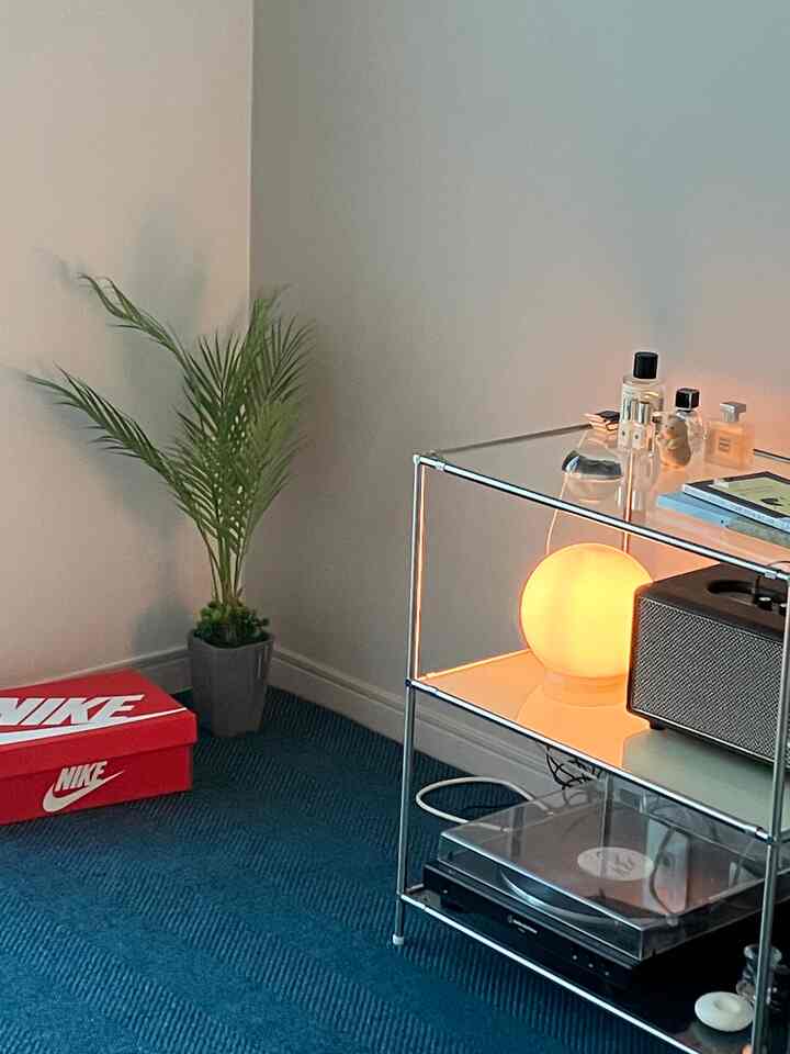 青いカーペットとクロムのサイドテーブルが配置された、ペットと暮らすミニマルな空間