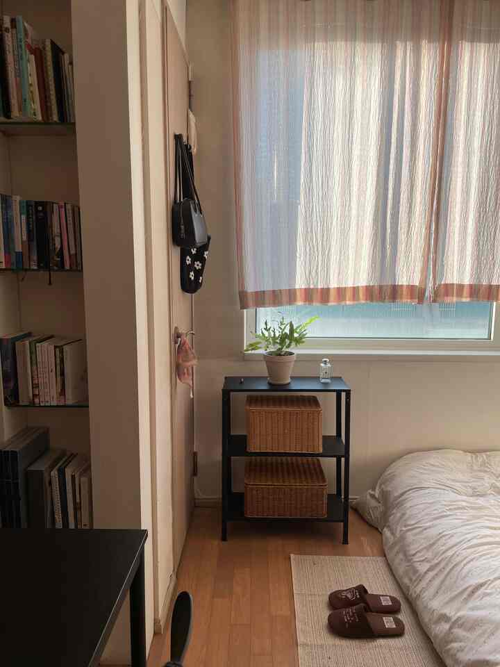 ベージュの木目調とナチュラルスタイルのワンルーム、窓辺にカーテンと植物があり、収納棚を効率的に配置した居心地の良い寝室空間