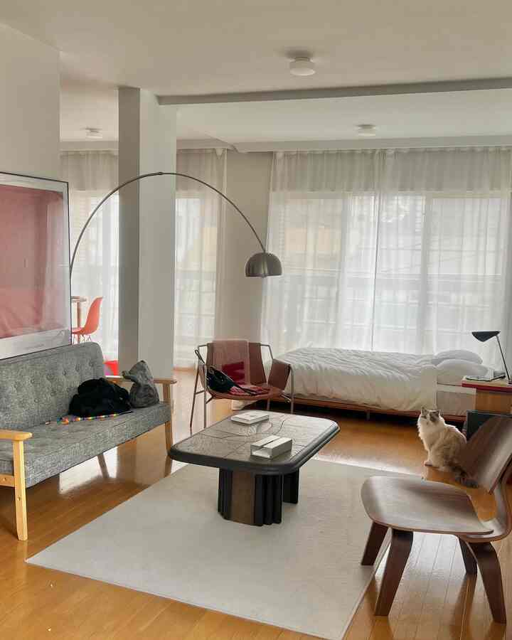 White and wood-toned living and bedroom space featuring sofa, armchairs, floor lamp, and rug with a cozy, modern atmosphere