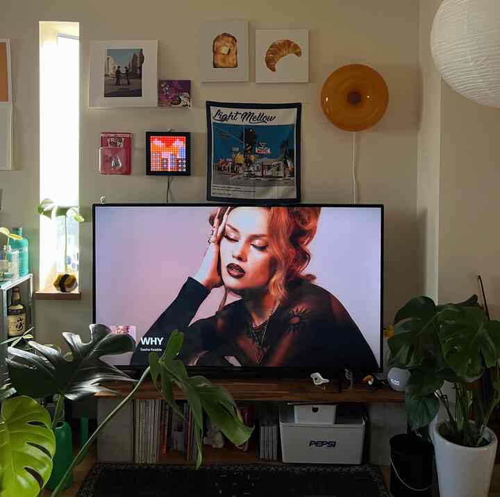 A modern living room with white walls and brown wooden furniture, featuring a central TV and Monstera plants