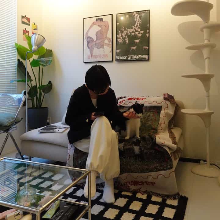 ナチュラルカラーのリビング、ソファとキャットタワーが配置された印象的な猫と暮らす空間